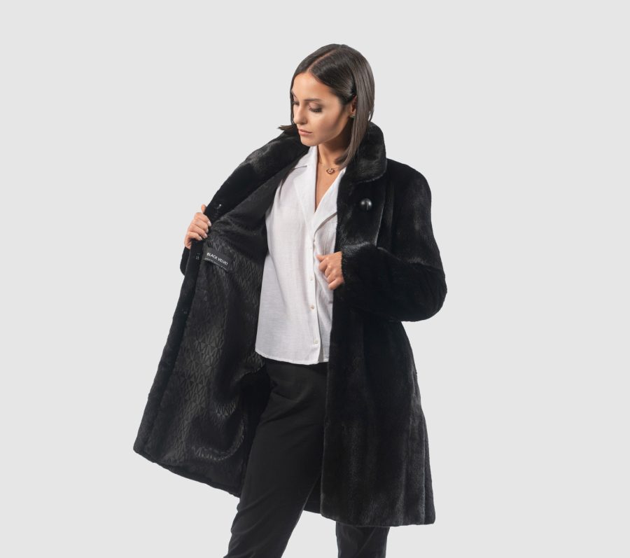 Black Mink Fur Jacket With Stand Up Collar