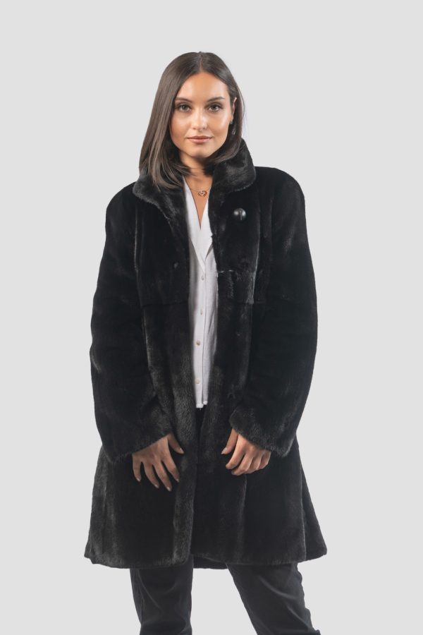 Black Mink Fur Jacket With Stand Up Collar