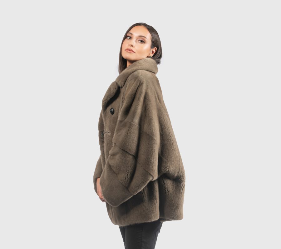Olive Green Mink Fur Jacket With Wide Sleeves