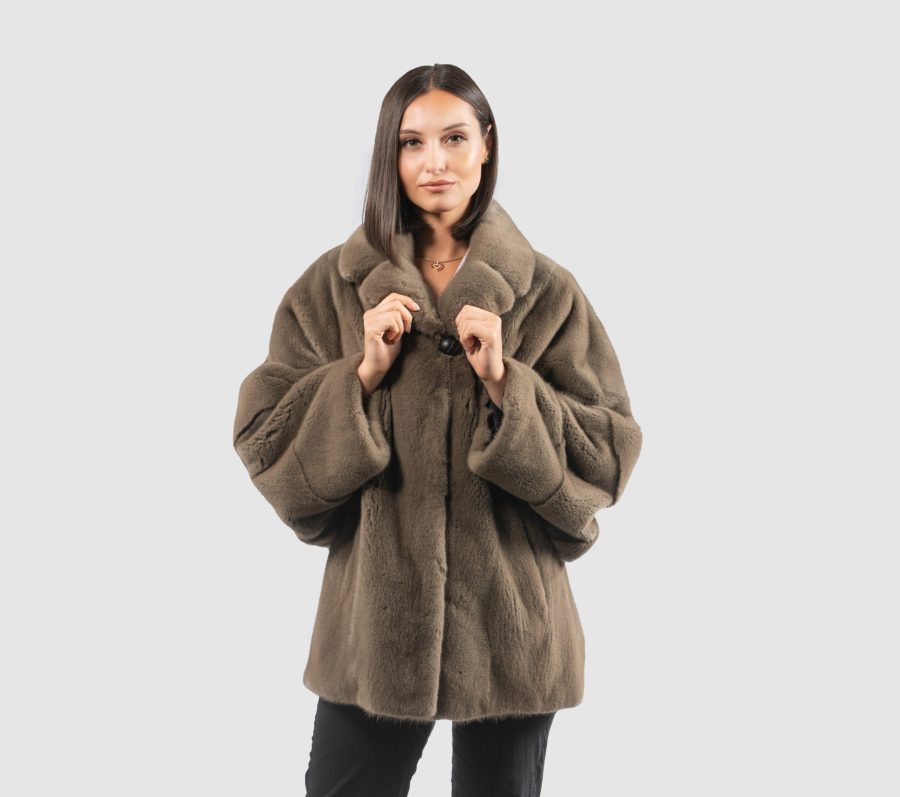 Olive Green Mink Fur Jacket With Wide Sleeves