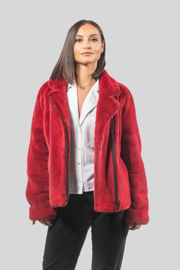 Zip Up Cherry Red Mink Fur Jacket