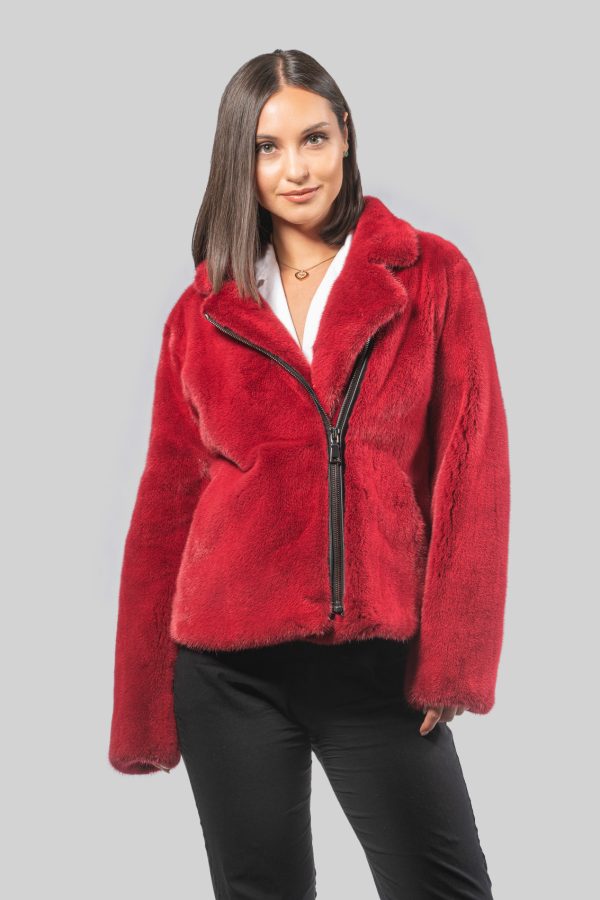 Zip Up Cherry Red Mink Fur Jacket