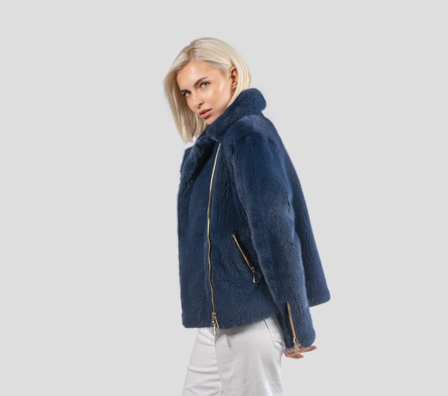 Blue Mink Fur Jacket With Side Zip