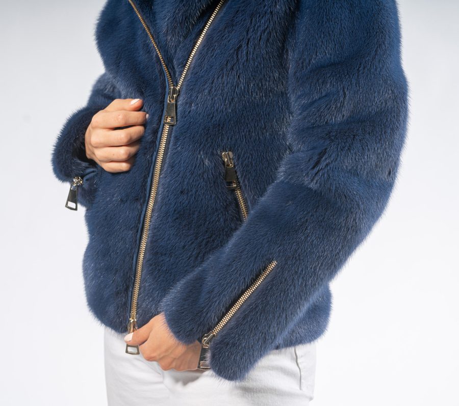 Blue Mink Fur Jacket With Side Zip