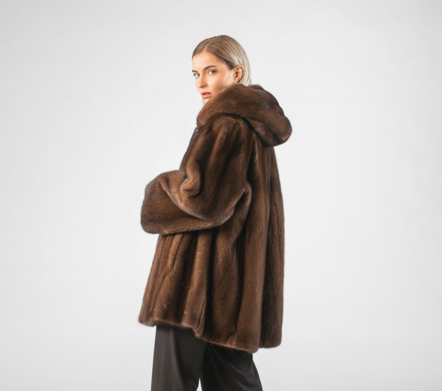 Hooded Mink Fur Jacket in Brown Color