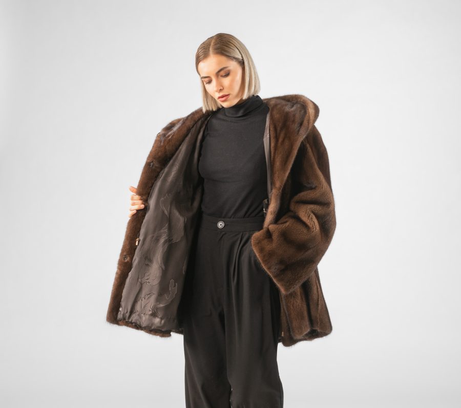 Hooded Mink Fur Jacket in Brown Color