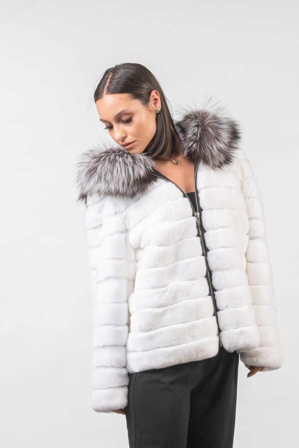 Rabbit Fur Jacket with Fox Fur Hood in White Color