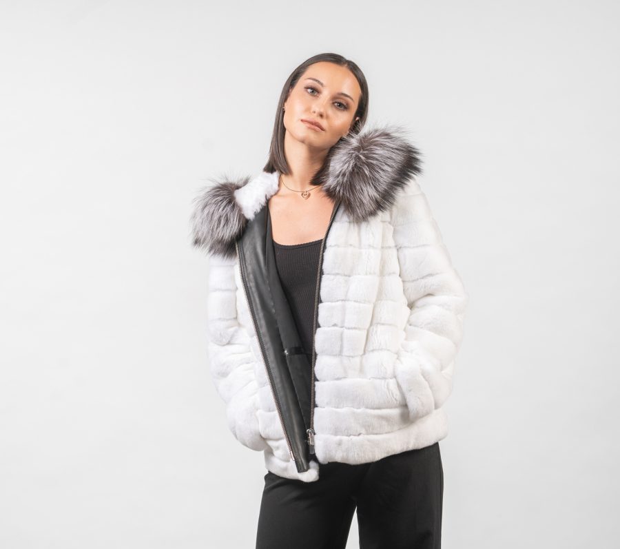Rabbit Fur Jacket with Fox Fur Hood in White Color
