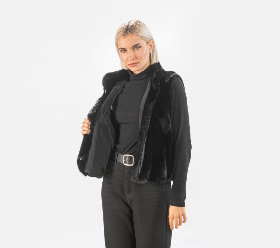 Black Mink Fur Vest with Stand Up Collar