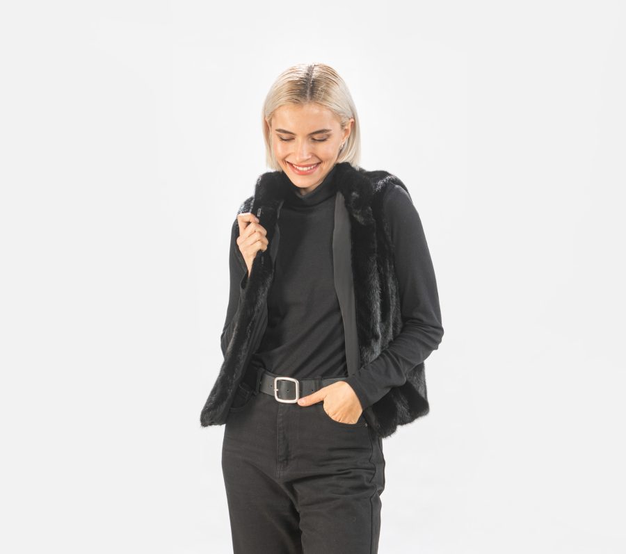 Black Mink Fur Vest with Stand Up Collar