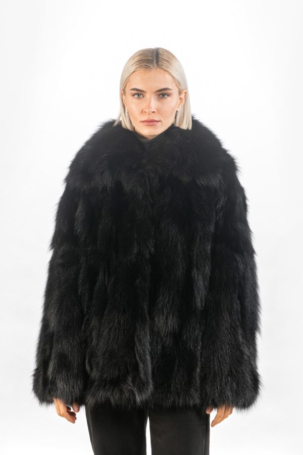 Black Notched Collar Fox Fur Jacket