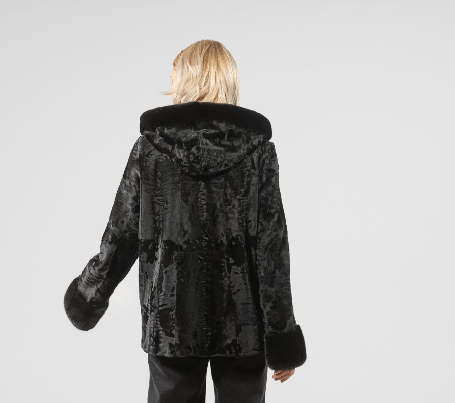 Black Hooded Astrakhan Fur Jacket