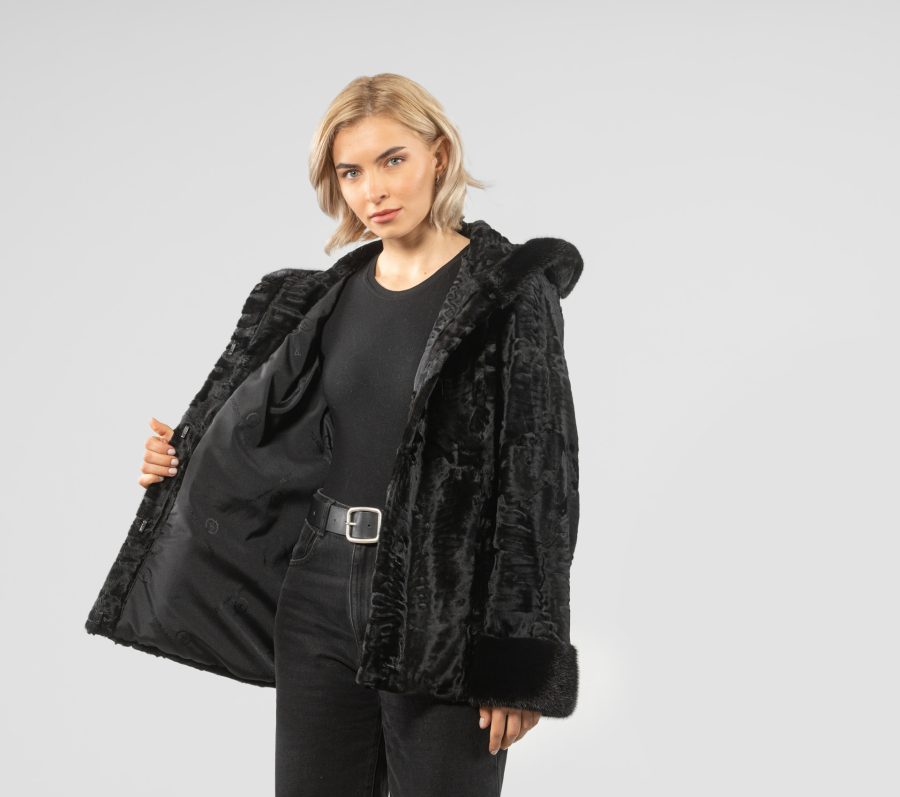 Black Hooded Astrakhan Fur Jacket
