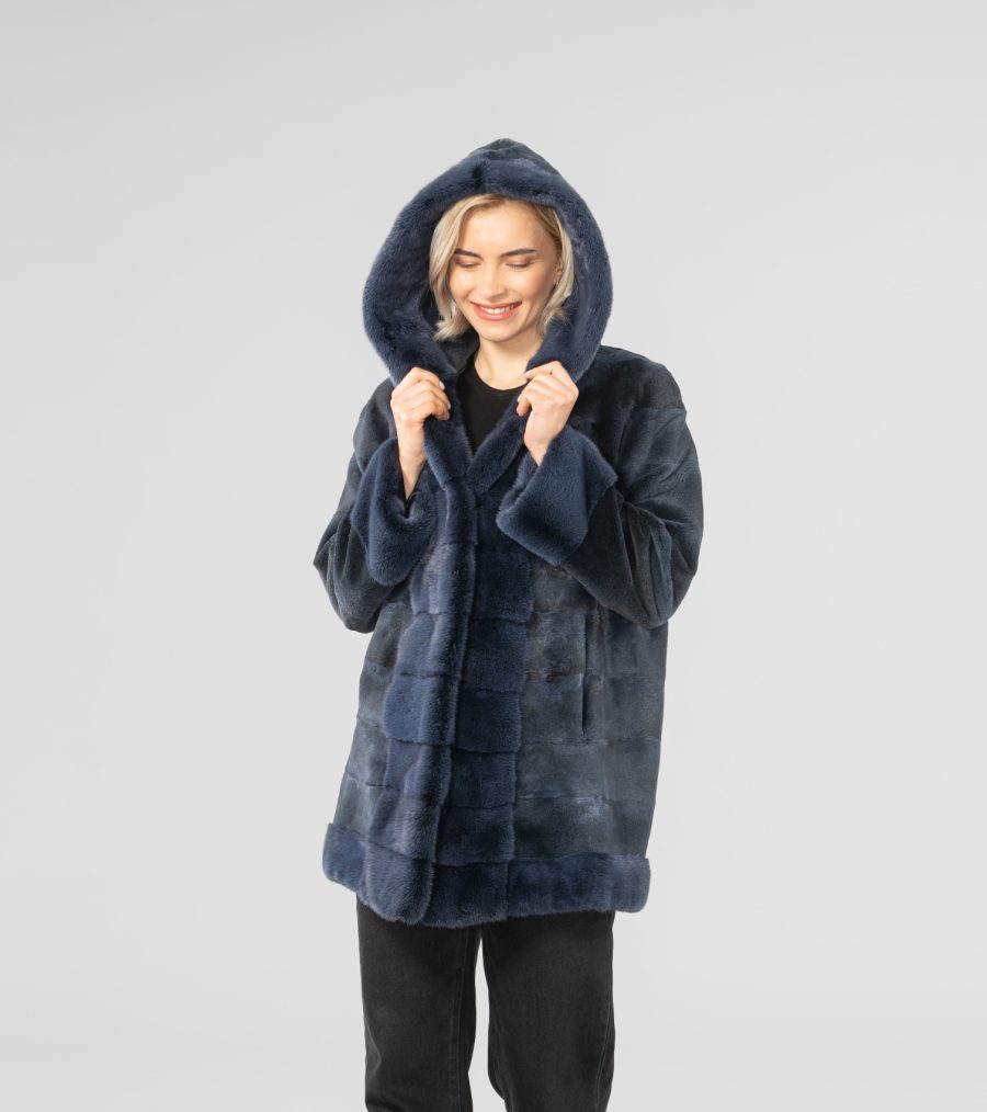 Hooded Navy Blue Mink Fur Jacket