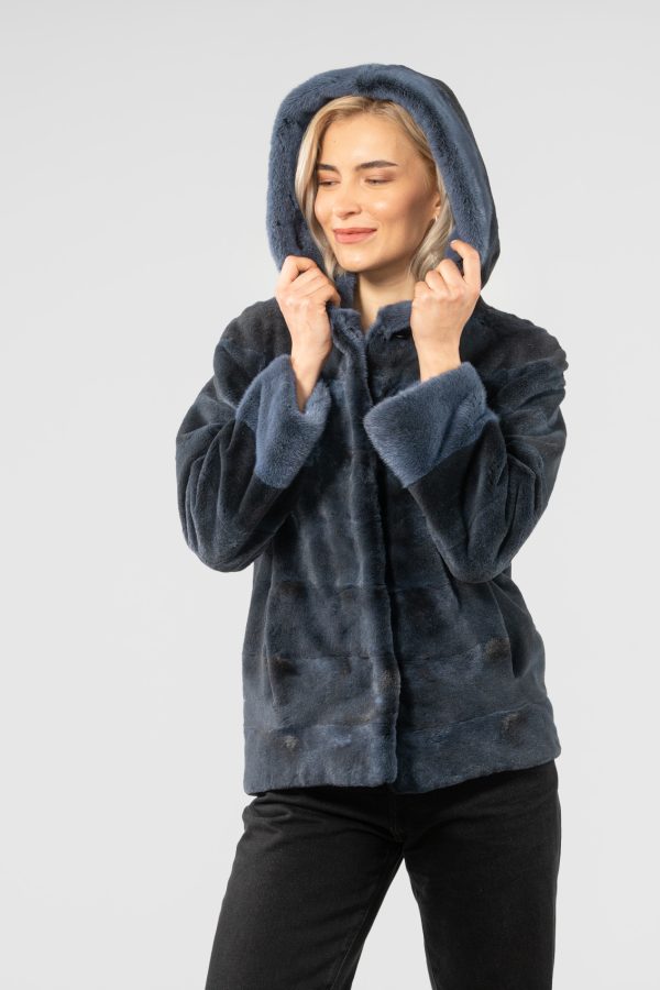 Hooded Short Blue Mink Fur Jacket