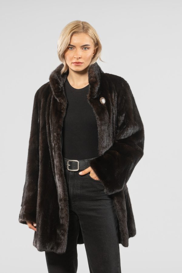 Dark Brown Mink Fur Jacket With Stand Up Collar
