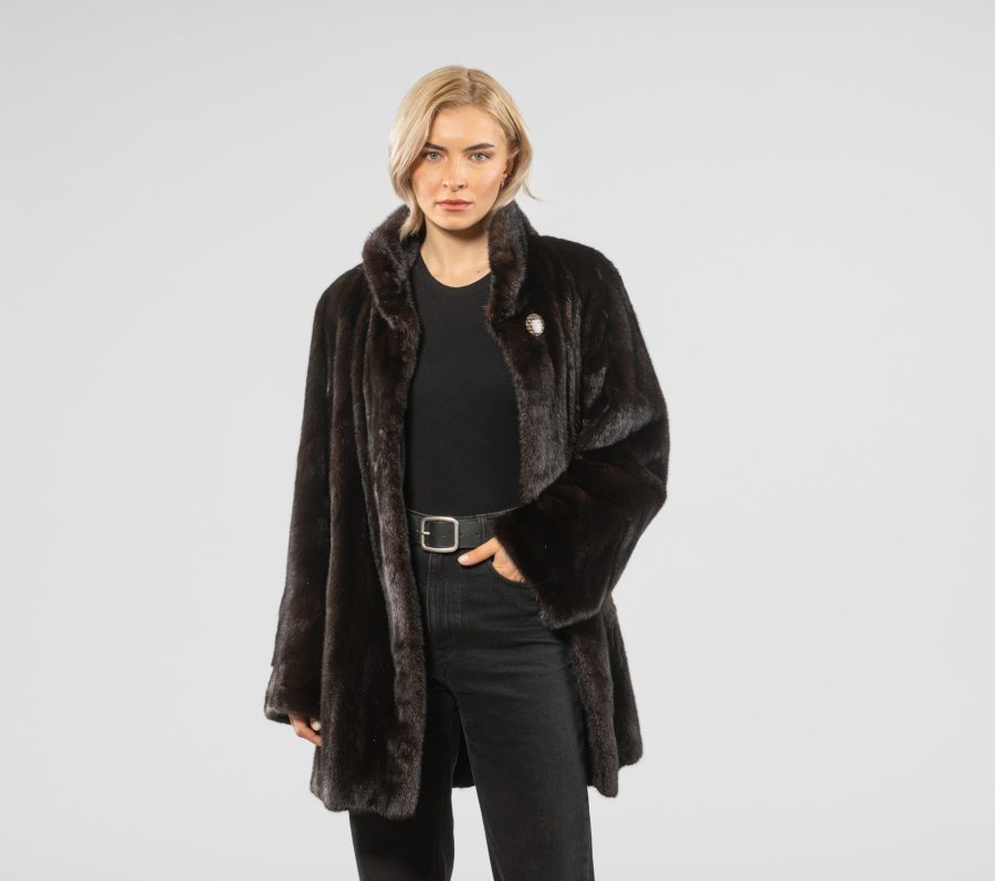 Dark Brown Mink Fur Jacket With Stand Up Collar
