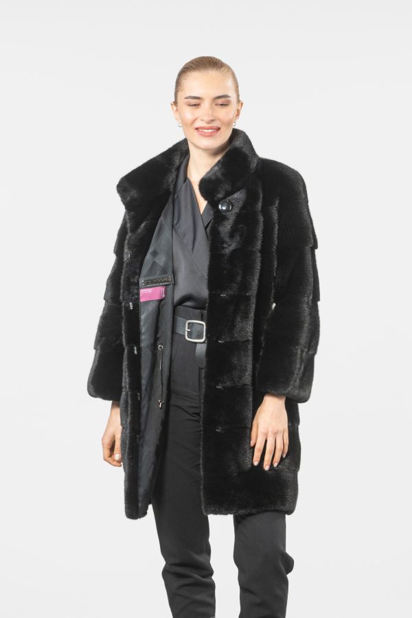 Horizontal Layer Black Mink Fur Coat