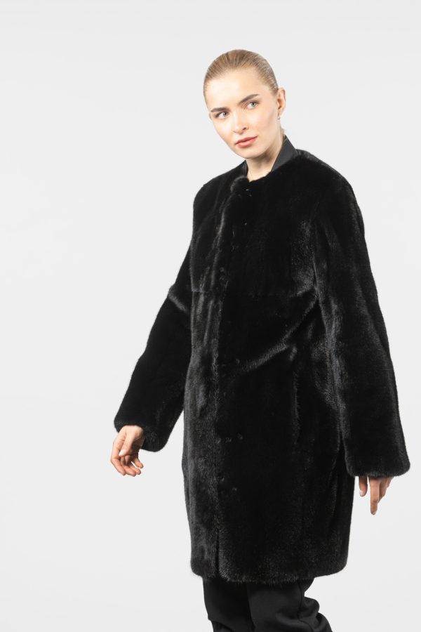 Black Collarless Mink Fur Jacket