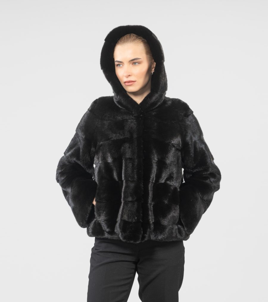 Horizontal Layer Mink Fur Jacket With Hood