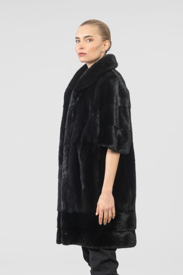 Black Mink Fur Coat With 3/4 Sleeves