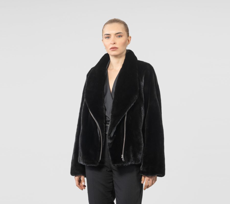 Black Zipper Closure Mink Fur Jacket