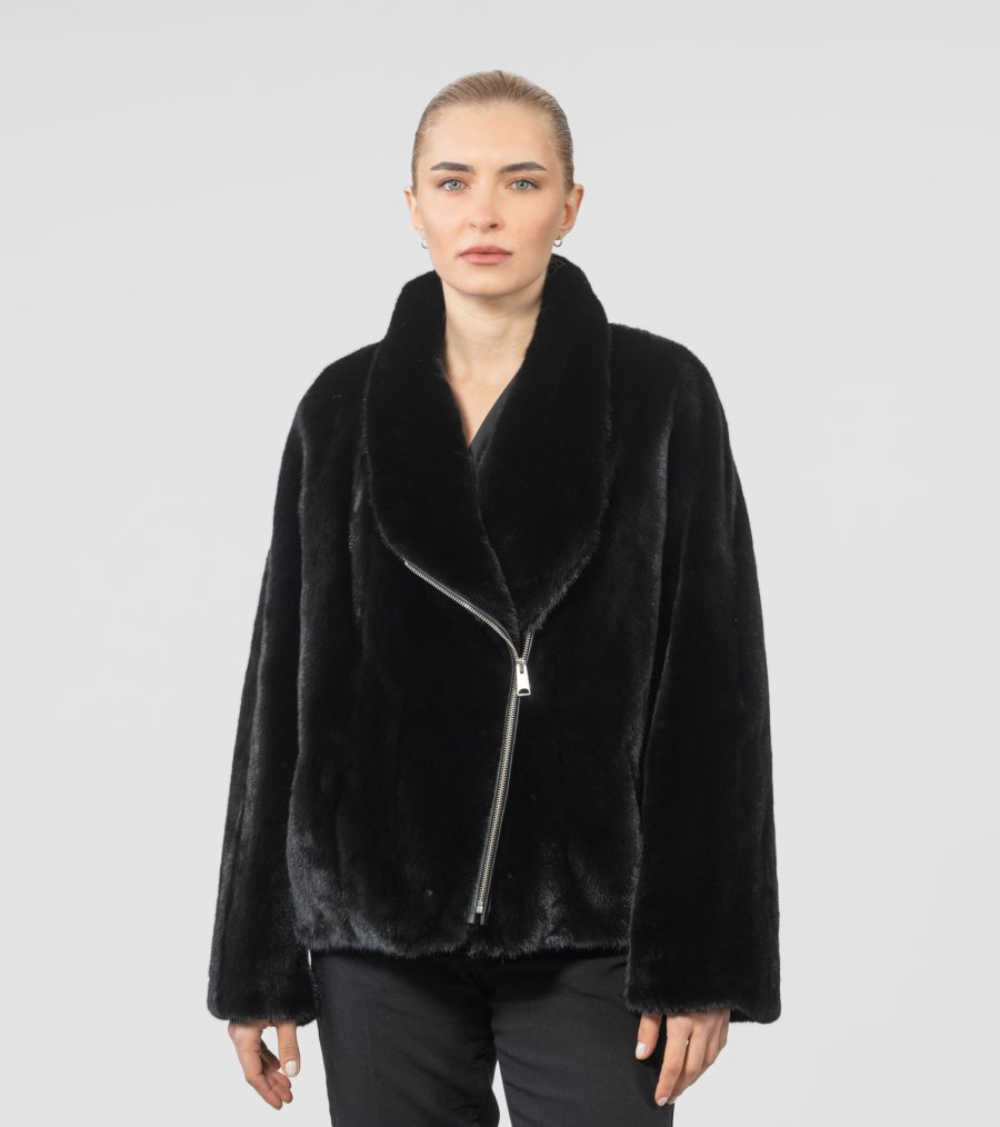 Black Zipper Closure Mink Fur Jacket
