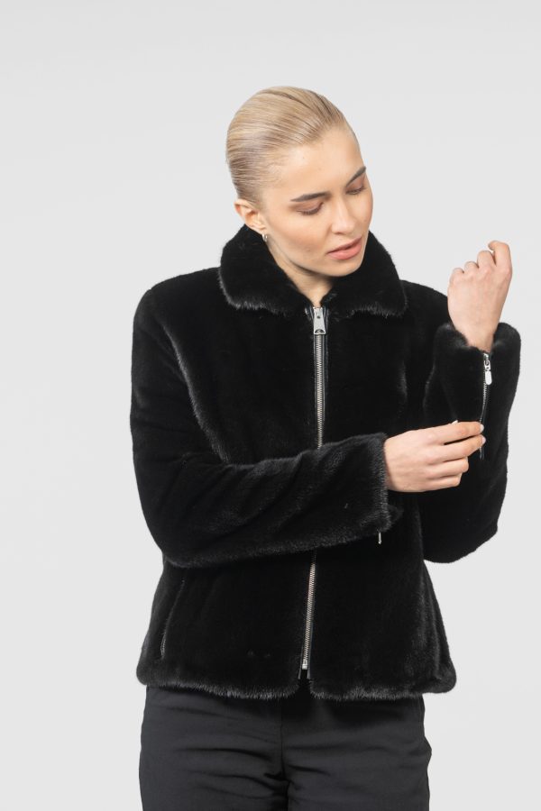 Short Zipper Closure Mink Fur Jacket