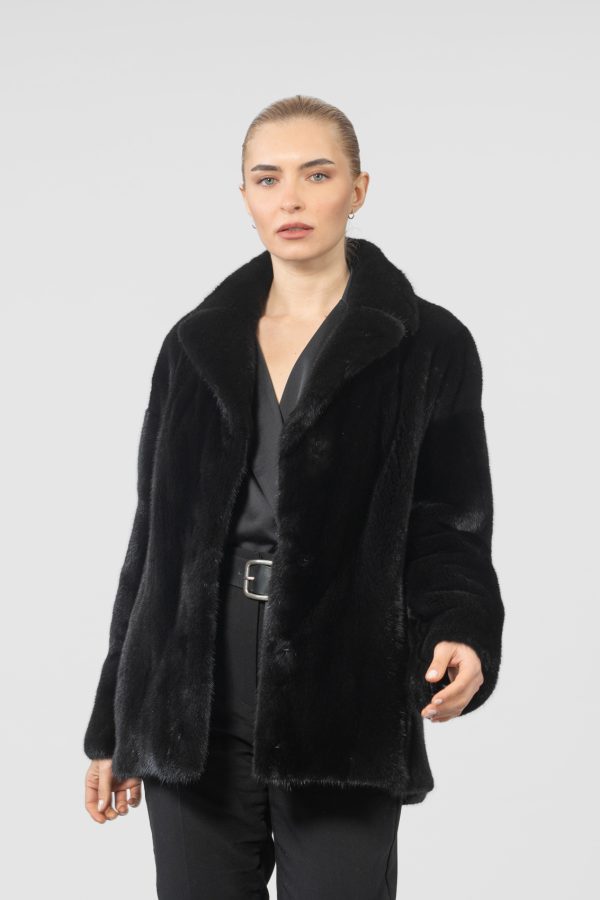 Black Notched Collar Mink Fur Jacket