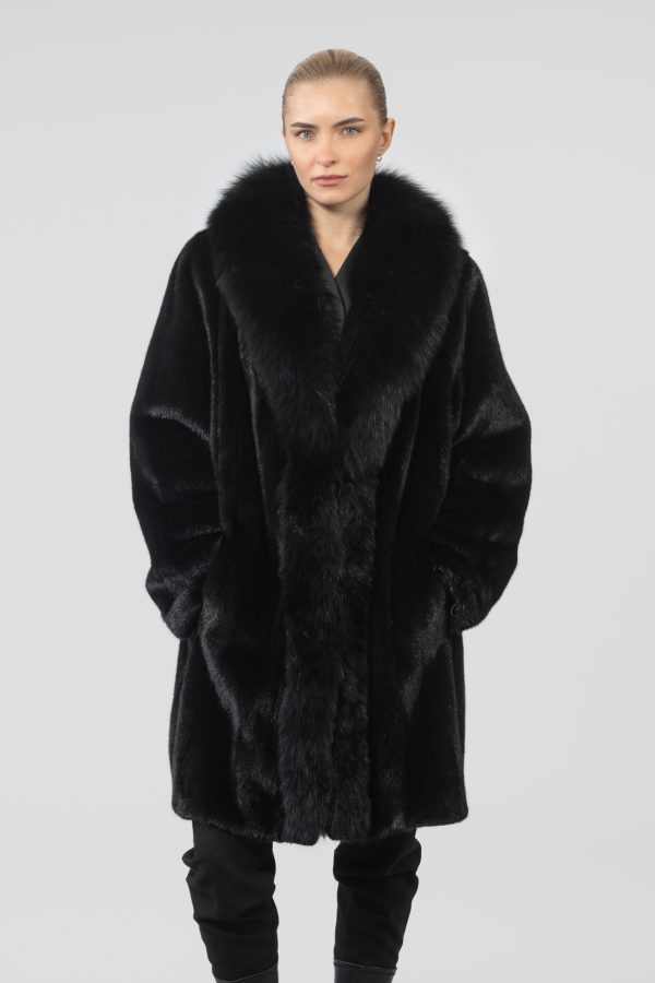 Black Mink Fur Coat With Fox Collar