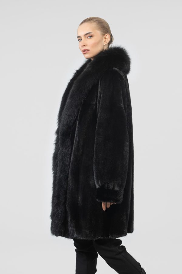 Black Mink Fur Coat With Fox Collar
