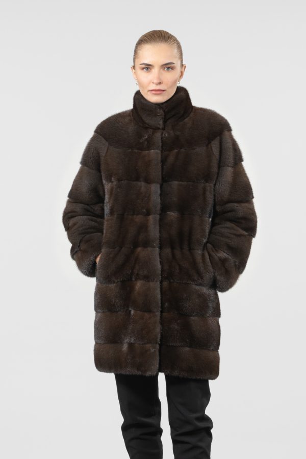 Horizontal Mink Fur Jacket With Stand Up Collar