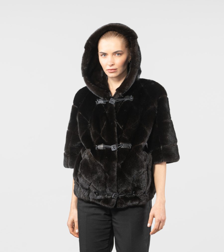 Black Mink Fur Jacket With 2/4 Sleeves