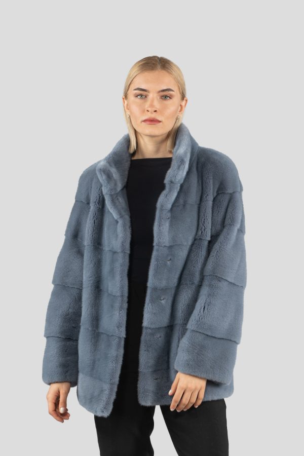 Blue Grey Horizontal Mink Fur Jacket