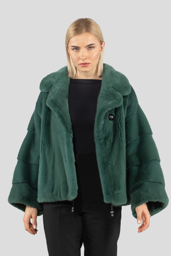 Forest Green Notched Collar Mink Fur Jacket
