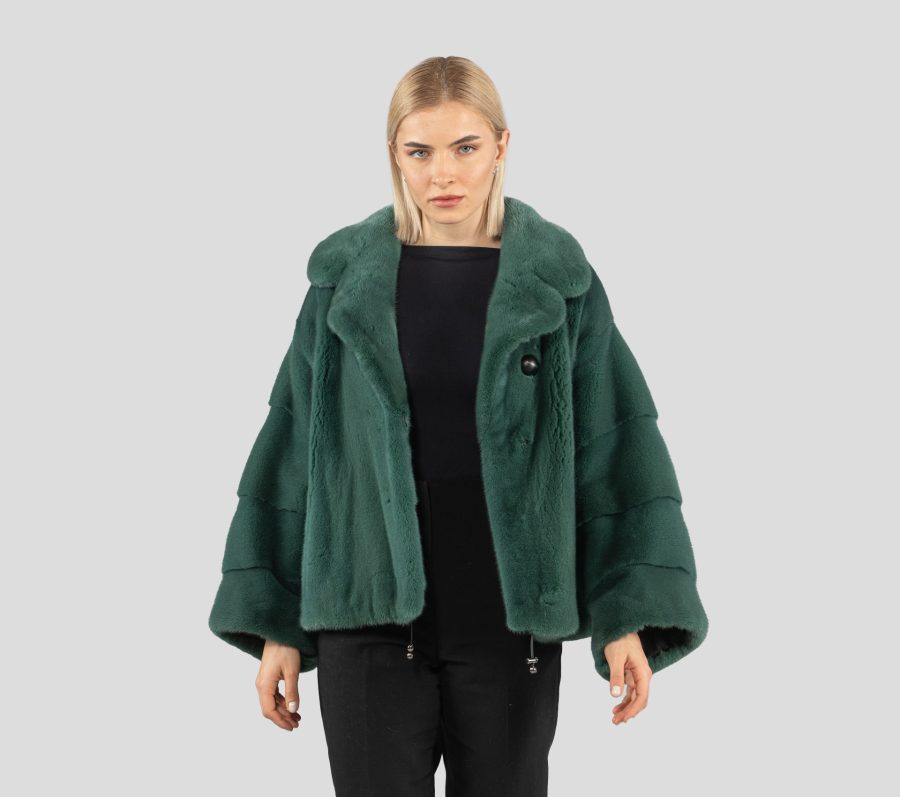 Forest Green Notched Collar Mink Fur Jacket