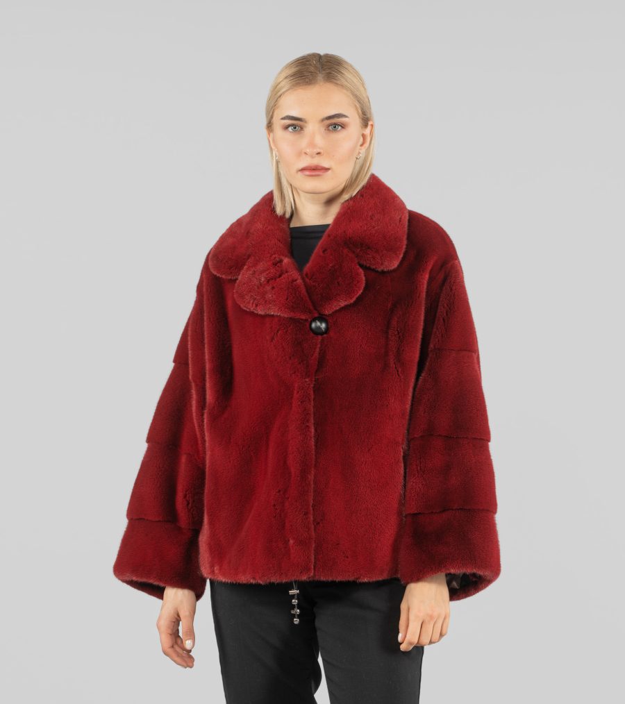Red Notched Collar Mink Fur Jacket - 100% Real Fur - Haute Acorn