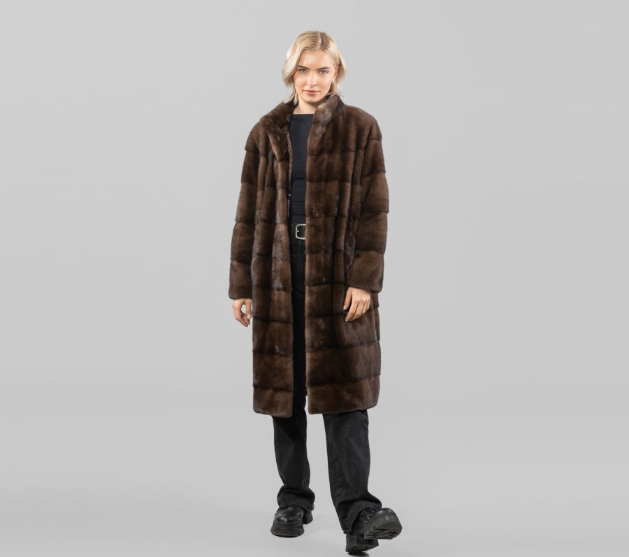 Long Brown Mink Fur Jacket With Belt - 100% Real Fur - Haute Acorn
