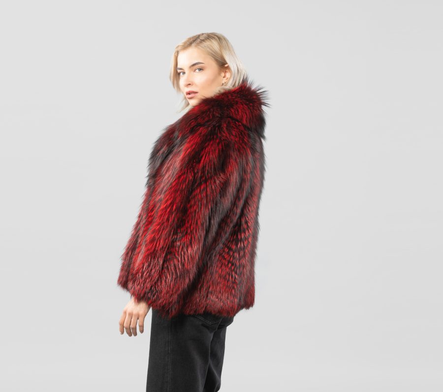 Red Diagonal Design Fox Fur Jacket