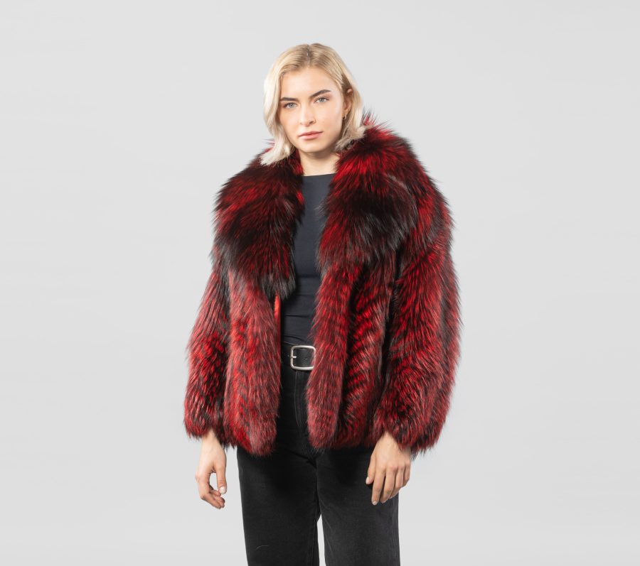 Red Diagonal Design Fox Fur Jacket