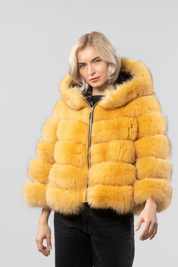 Yellow Fox Fur Jacket With Hood