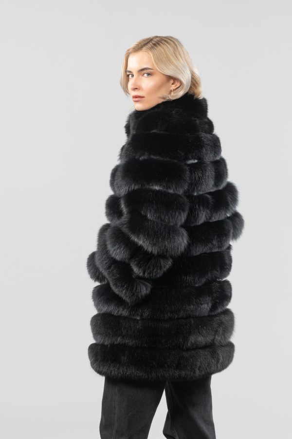 Horizontal Layer Fox Fur Jacket In Black Color
