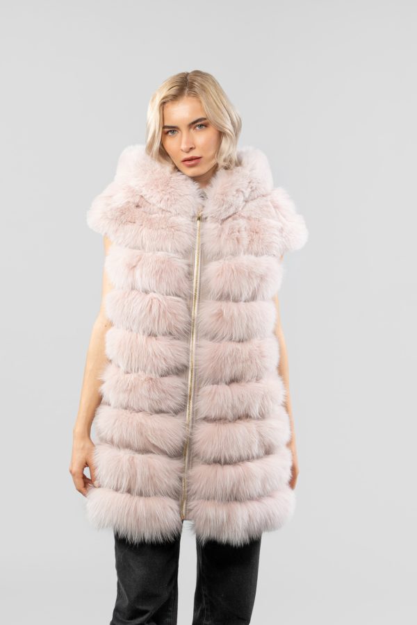 Light Pink Fox Fur Vest With Hood