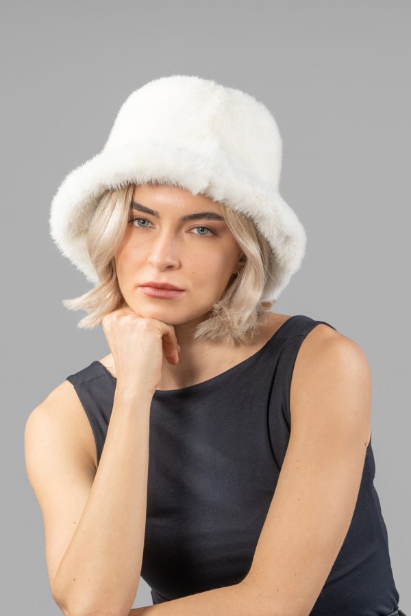 White Mink Fur Bucket Hat