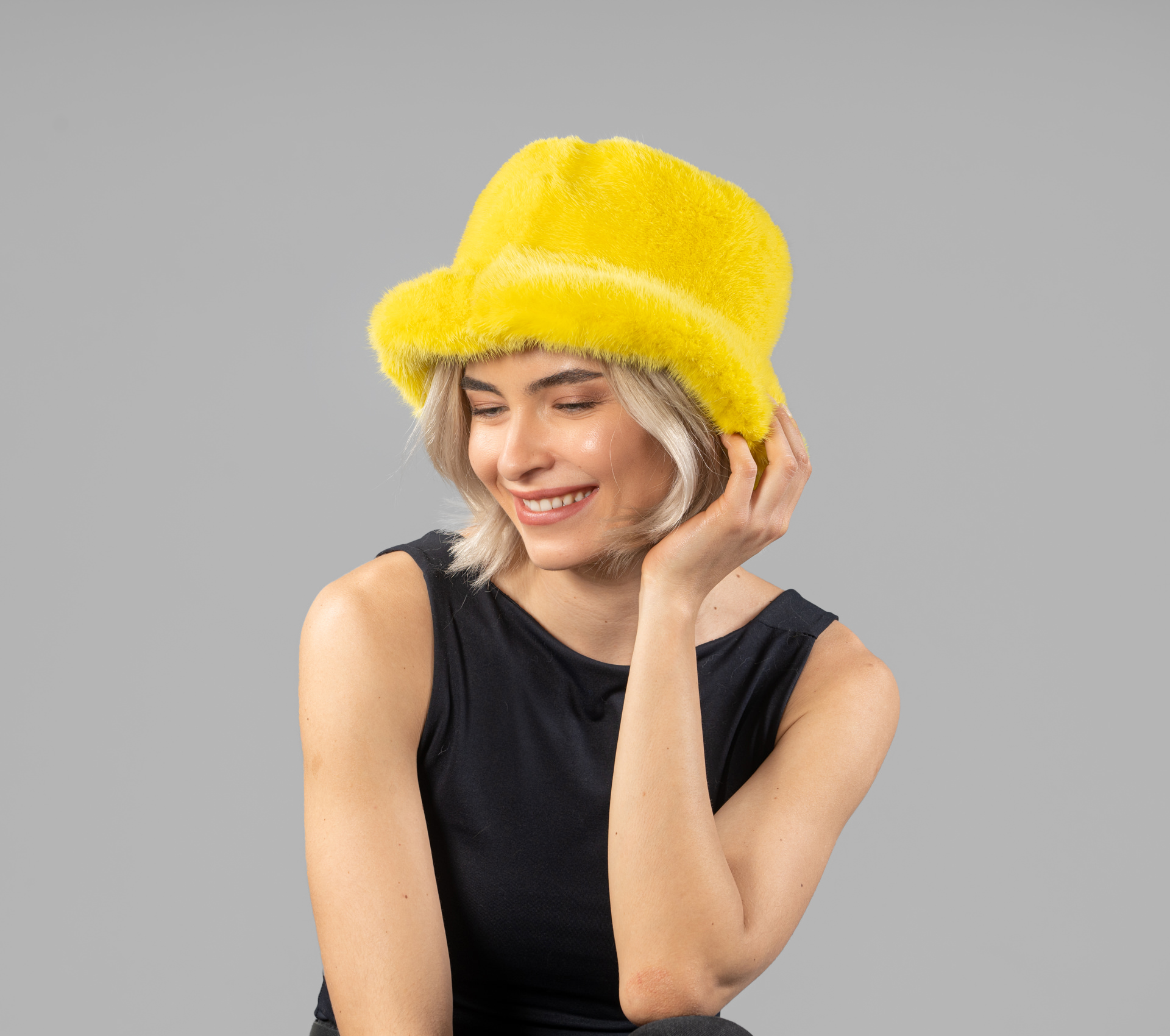 Yellow Mink Fur Bucket Hat.100% Real Fur Accessories