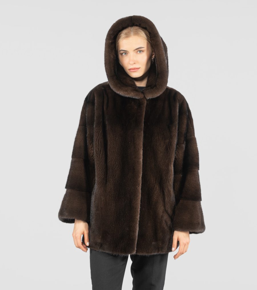 Hooded Short Mahogany Mink Fur Jacket