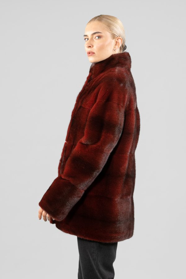 Horizontal Layer Dark Red Mink Fur Jacket