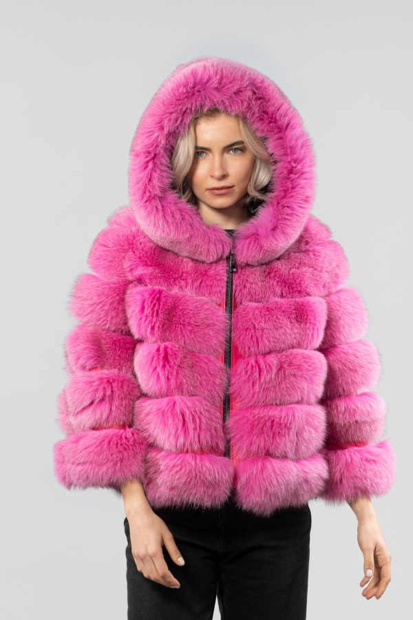 Pink Fox Fur Jacket With Hood