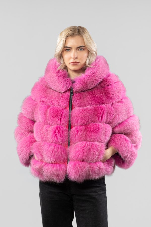 Pink Fox Fur Jacket With Hood