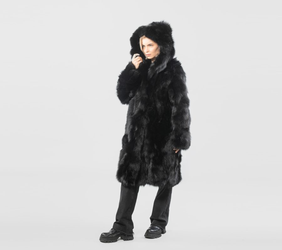 Black Fox Fur Coat With Hood